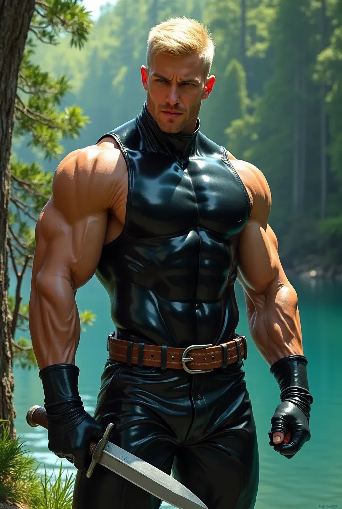 A short blonde hair abs guy wear high neck latex shirt and latex glove stand up and hold a knife for protection on the water in the forest