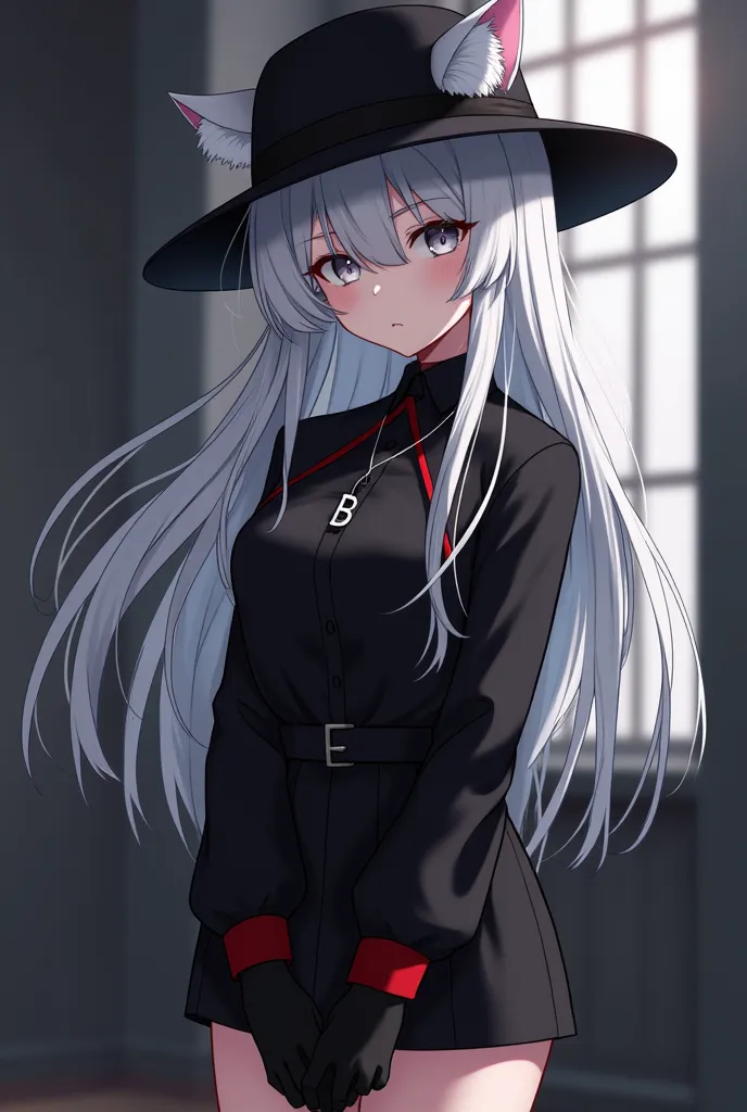 Serious anime girl ,Loose white hair, gray eyes,black mafia hat, orejas de gato blanco,black blouse with dark red,black gloves, short black skirt ,black socks,black shoes,initial necklace B