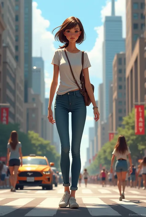 a very tall girl who wears a pants t-shirt who is like a normal person and is in the city