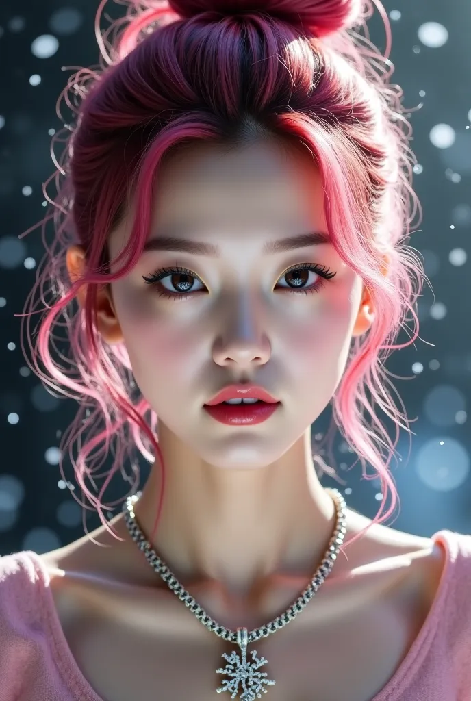 A beautiful Korean popular with a pink hair messy bun wearing a big necklace script name"SEO-YEON" on its pendant and it's written on a large letters. She has a fierceful face. Background is falling snowflakes smalls and a dark lights