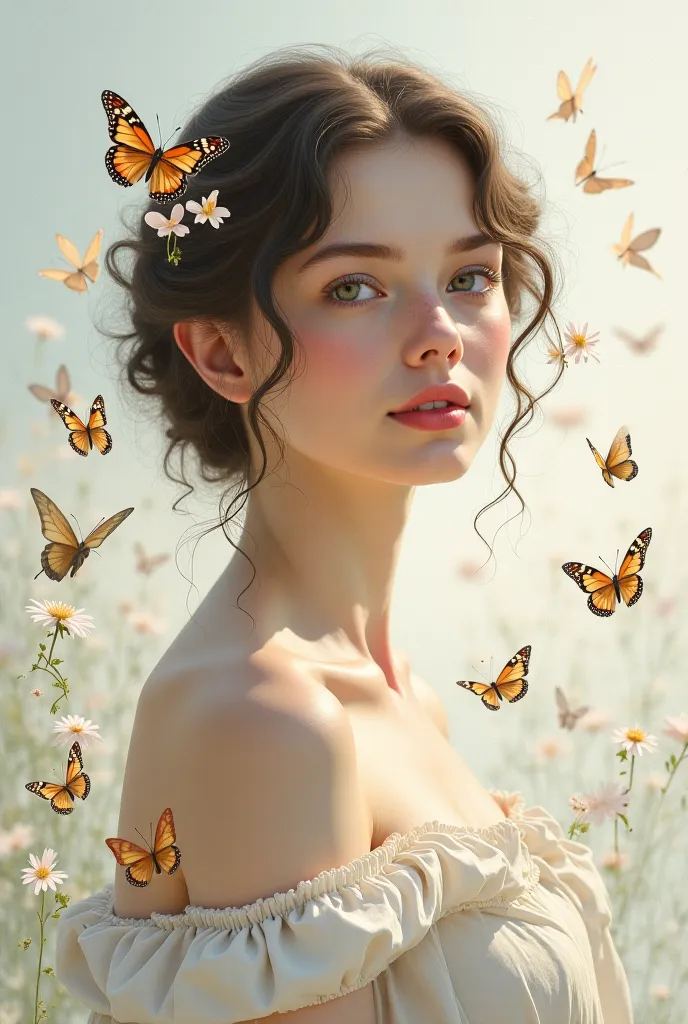 A European woman between 28 and 38 years old, with butterflies and scrolls floating around you