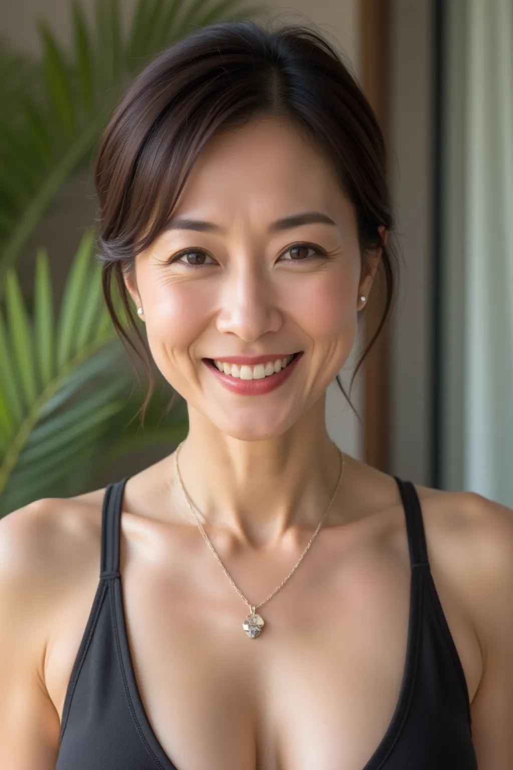 full body photo of an elegant 50-year-old Japanese woman, kind smile、(Facial wrinkles、 nasolabial fold:0.3)、Middle-aged appearance ,  front view、swimsuit、I have a notebook in the hospital room、 Fine laugh lines are engraved on her face ,  Applying lipstick...