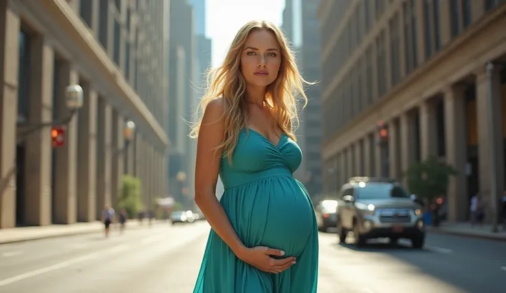 generate pregnant blonde woman dressed in cyan  dress stands in street  look straight ahead the focus is on her