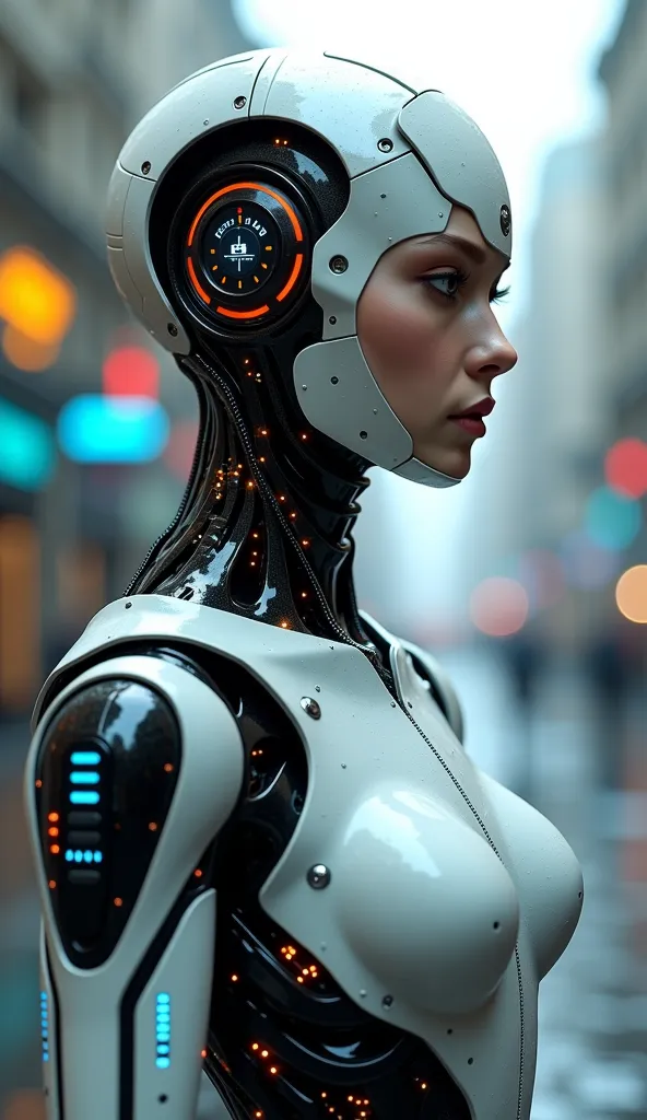 Robot with text from 2035 on its super realistic body looking like a human, cinematic effect in 4k quality