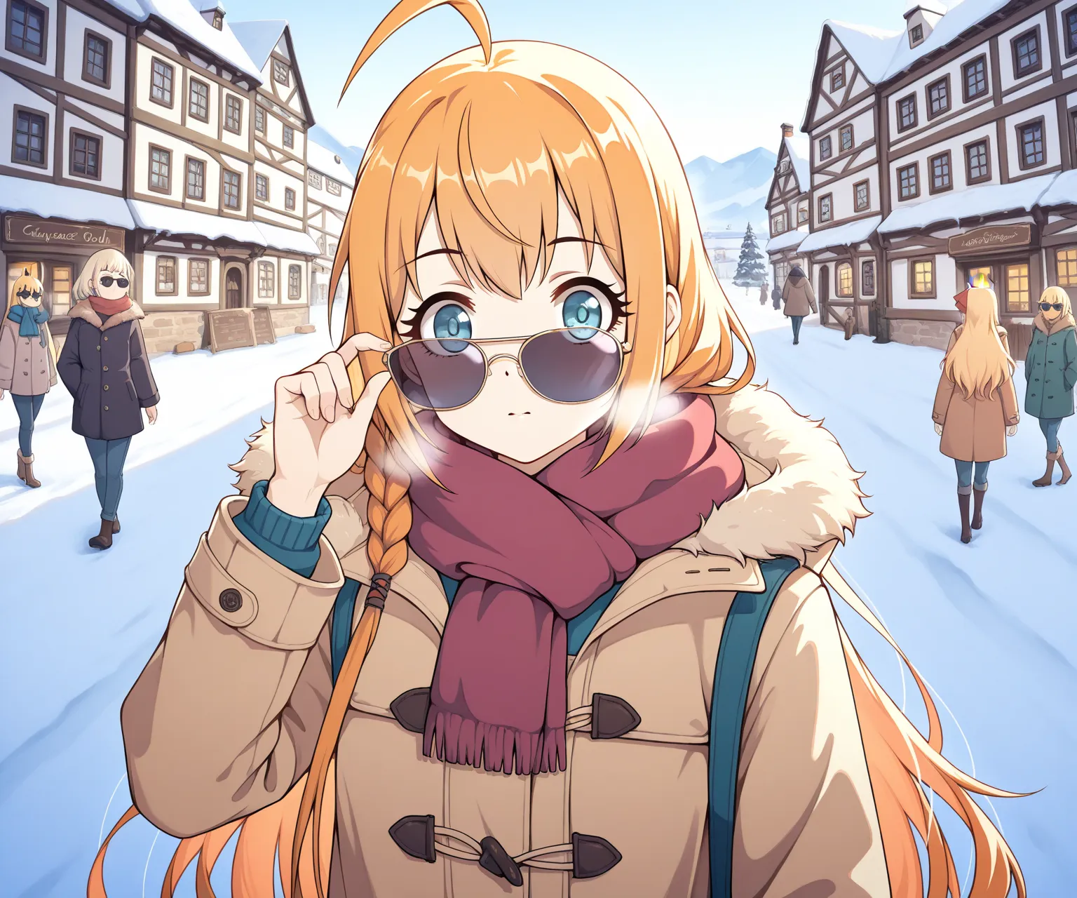 pecorine (princess connect!), bisque doll, Caucasian, European, blonde-haired, blue-eyed, winter, coat, avobe view walking through European town, sparse figures, sunglasses, adjusting eyewear, eyes focus