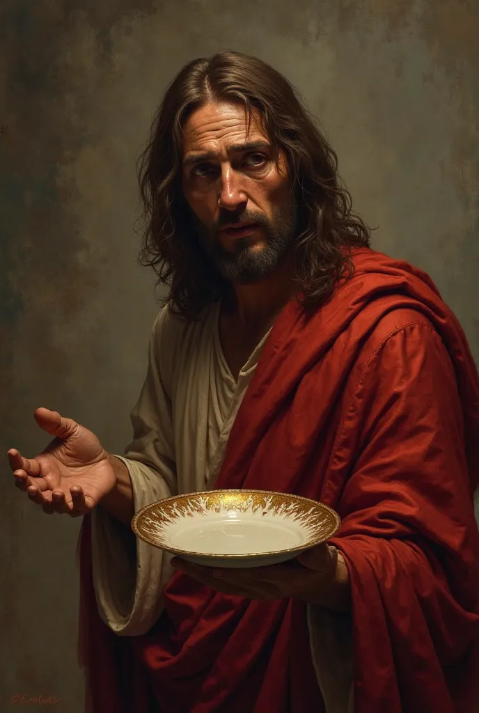 Jesus Christ is looking intensely at the camera, with his eyes full of tears, in his hand an empty plate, he is wearing a beautiful red outfit.