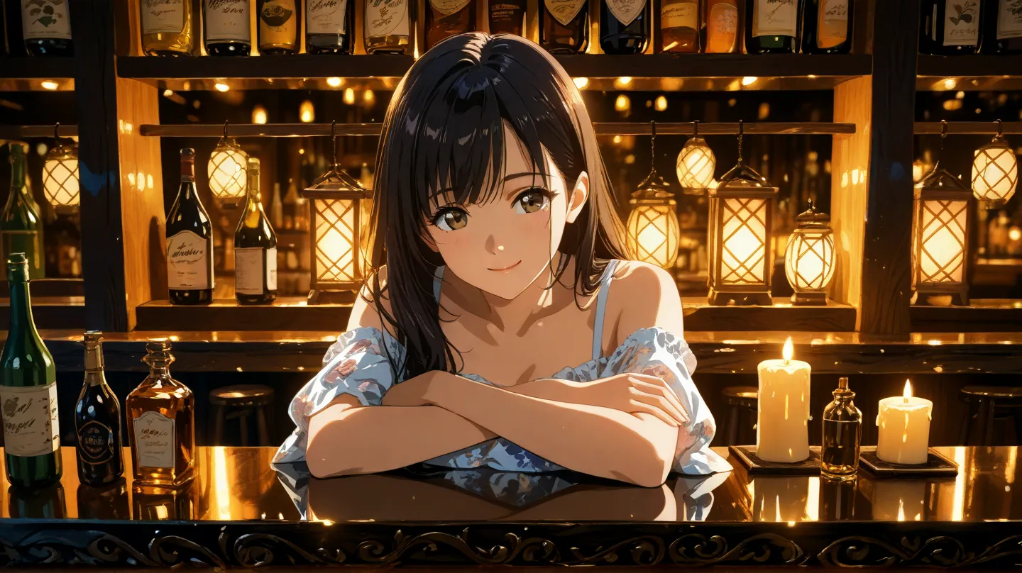 A beautiful anime-style girl with long black hair and brown eyes, wearing an elegant floral off-shoulder dress. She has a charming smile and is leaning on a wooden bar counter, looking directly at the viewer. A warm, dimly lit bar with glowing lanterns and...