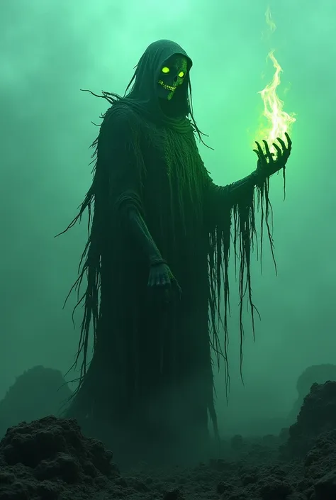 Draw me a zombie skeleton with green flames in his eyes and a tattered cloak making him creepy wearing a mouthpiece with green flames in his hand