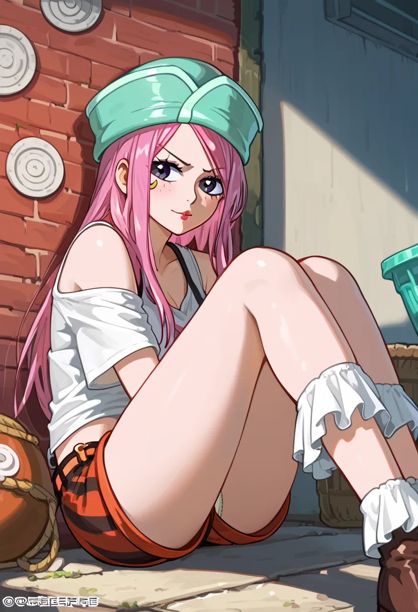 Jewelry bonney, t shirt top, shorts, sitting, opened shorts, white panties