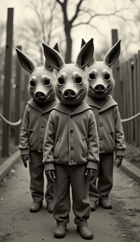 The image depicts three ren standing outdoors in what appears to be an old playground or enclosed area with wooden fences and ropes. They are wearing eerie, oversized animal masks resembling pigs, rabbits, or other creatures, with hollow eyes and grotesque...