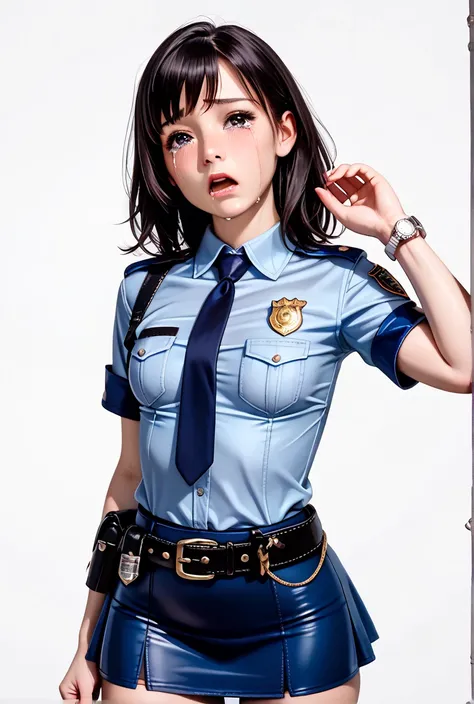 Beautiful Japanese Women from a Purple Perspective,( 1girl :1.5),(slender body:1.3),( empty white background:1.6),( small tits:1.0),(white collared tight short sleeve cowgirl shirt police shirt:1.2),(blue super mini police skirt:1.2),(black leather equippe...