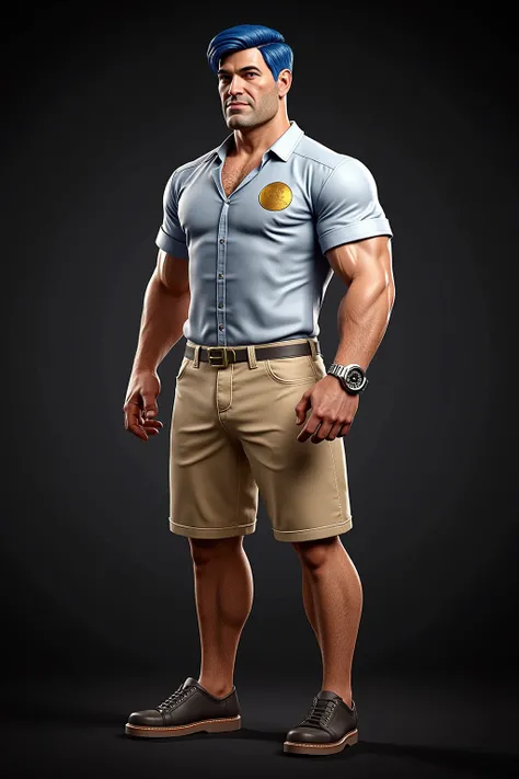 full body shot, brutal man, short blue hair, strong chin, short sleeve office shirt, khaki shorts, standing straight, 3d render,dark background