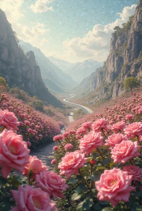 A place where there are no people only roses and an example of a road 