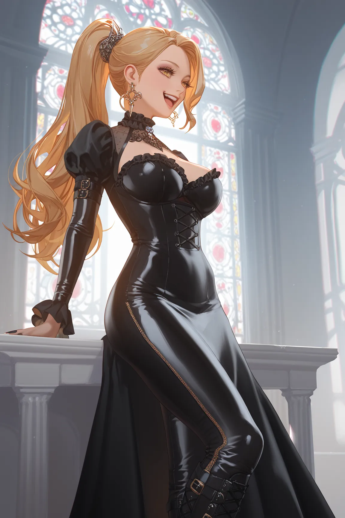 One Girl,Top Quality, textured skin, very detailed, anatomically correct, Ultra High Definition, golden hair,  industrial earrings,masterpiece, high detail, black dress, with golden eyes,  Black Leather Boots, 4K, 8k octane,  Slim,  and laugh, Silver Acces...