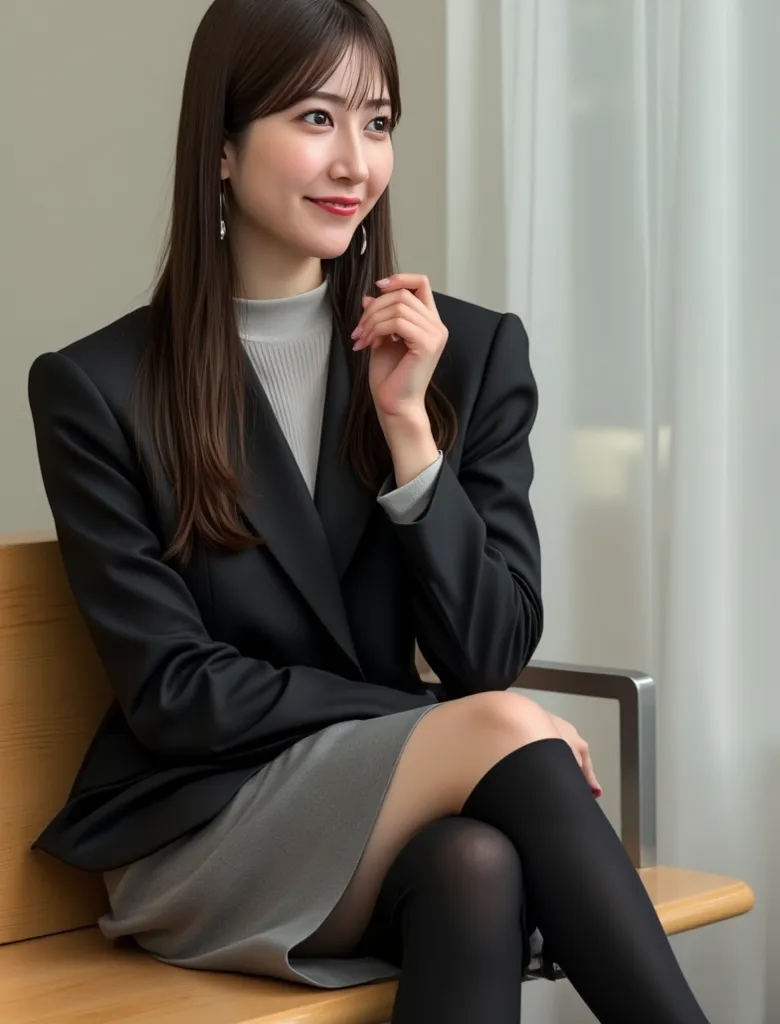 (  photorealism :1.2)、   full body image 、 汚れたblack socksを手でつまんでいる、Smell、beautiful日本人モデル、39; thick legs、 woman 、39;   office worker uniform   、 black high heels 、smile、  bench、  Open your legs a little 。 super realistic thick black   socks that reach below...