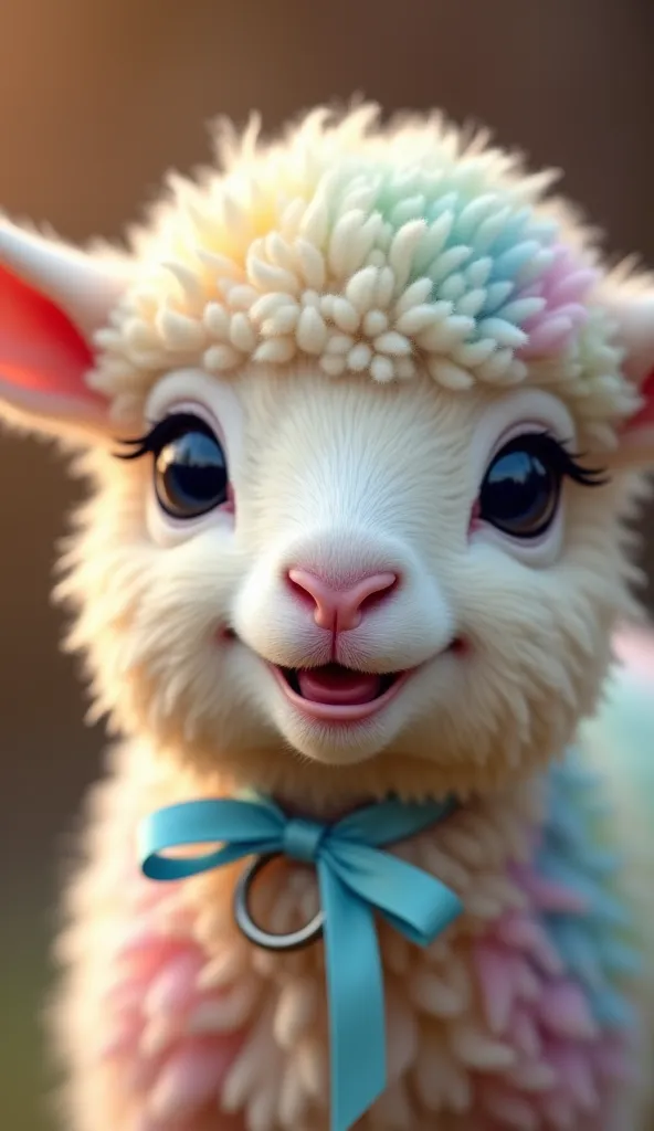 A highly detailed and ultra-realistic image of an adorable baby lamb with a fluffy, multicolored pastel wool coat. The lamb's fur transitions smoothly through shades of pink, blue, yellow, and green, creating a soft and dreamy appearance. It has large, exp...