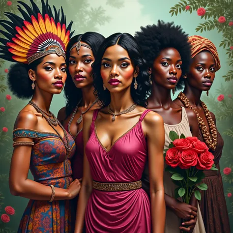 A Brazilian Indian woman in feather costumes. A black  in a pink dress. An enslaved black woman. A woman in African costumes.  A Gypsy Woman. A lady in a red dress and red roses.