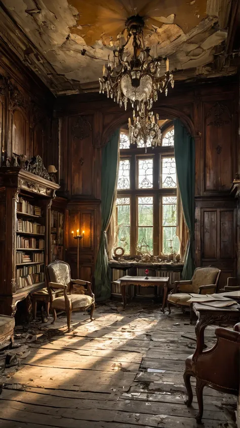 A grand abandoned mansion hall with large wooden doors and cracked walls, showing signs of age and decay. The high ceiling is adorned with a faded chandelier. Sunlight filters through broken stained-glass windows, casting eerie patterns on the wooden floor...