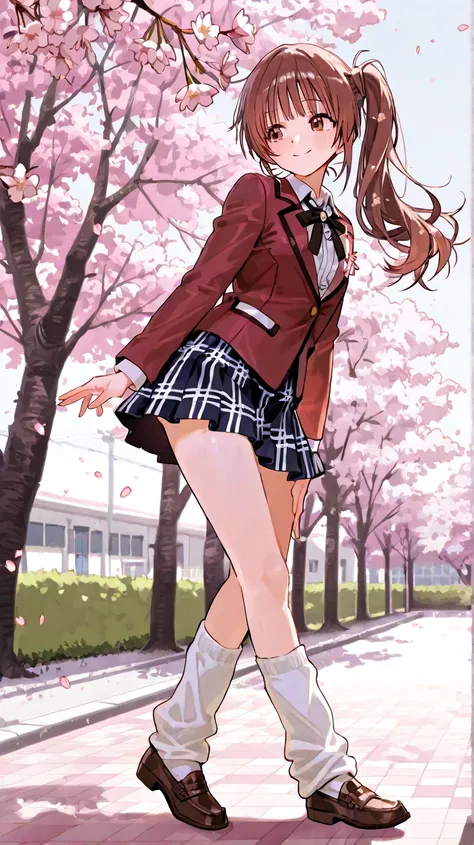 16K Brown Middle Side Ponytail Grown High School Girl Bangs Super Delicate Red Blazer 　Chest Valley　blouse　White Check Skirt, Moe Sleeve, Loose Socks, Loafers, School Background, Beautiful Cherry Blossom Trees, Narrow Lines, Best Smile 　Super delicate hand...