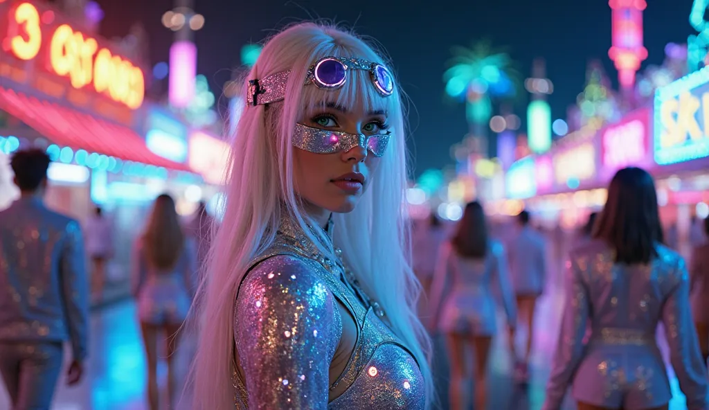 A beautiful Instagram model with long white hair and green eyes, wearing a futuristic Carnival outfit made of holographic materials that shimmer in the neon lights. Her body is decorated with glowing patterns, and her high-tech mask pulses with LED lights....