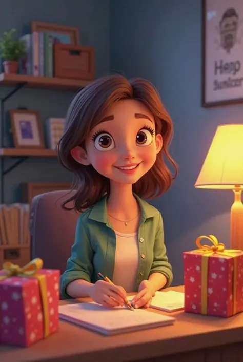 Generate for me a picture with Disney style 3-D cartoon design for a teacher at her room  at home with lots of gifts around her from the teachers day and she’s happy Keep the focus on the teacher and the gifts and show us her face with a happy expression a...