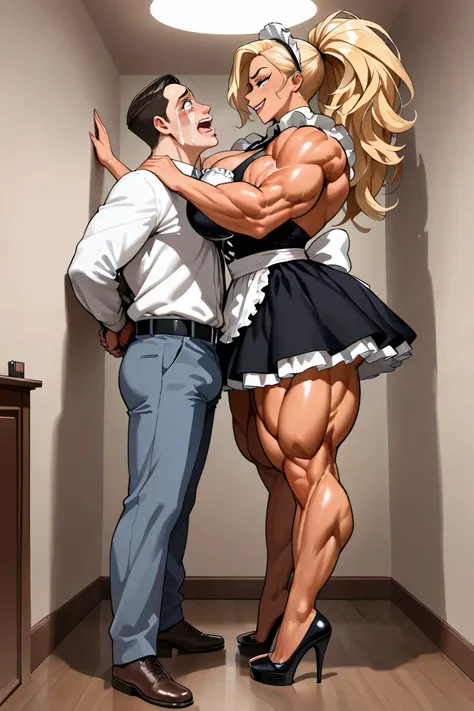 (1 girl, amazon blonde bimbo, female bodybuilder, smug woman, extreme female muscles, giantess, large breasts, woman standing tall, woman lifting guy up to her eye level by his shirt, woman giving the man a deep kiss, sexy French maid costume, high heels),...