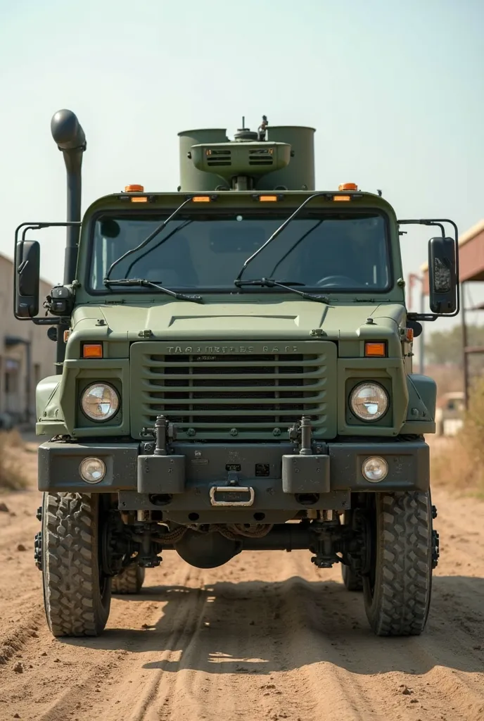 A typical Israeli military combat vehicle in army green, front look, has dark black glass, zoom camera, the background of a typical Israeli military complex, very realistic, finest details, very natural, cinematic 