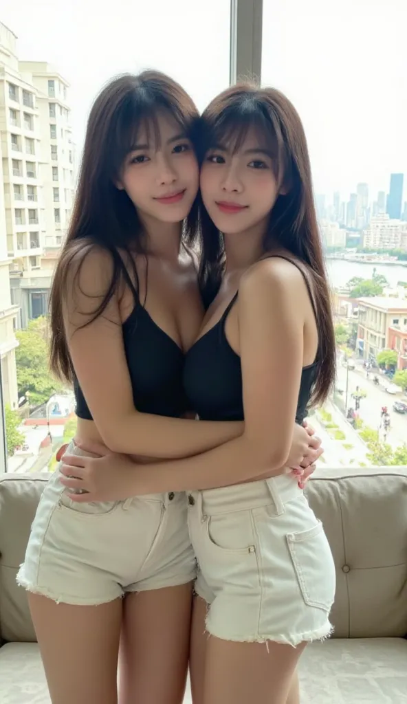 The image shows two women standing close to each other and embracing. They are both wearing similar outfits consisting of form-fitting tops and white shorts. The background includes a large window with a view of buildings and possibly a waterfront. The roo...