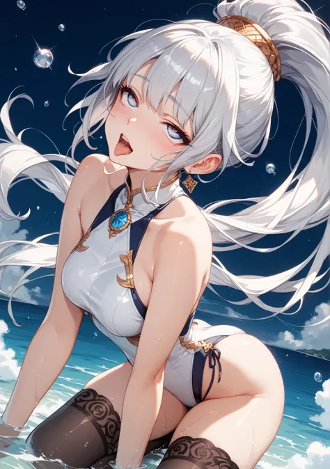 
anime girl with long white hair and black stockings posing, an anime drawing by Shitao, pixiv, process art, seductive anime girl, perfect white haired girl, , oppai, ahegao, silver hair (ponytail), thicc, anime best girl, is wearing a swimsuit, silver hai...