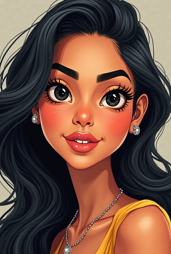 Cartoon of a Latin woman, big black eyes,  ROUND FACE EYEBROWS, long black hair