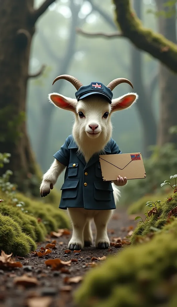 A cute goat dressed in 1900s style post office worker clothes. in a dim forest、on all fours, Fallen trees are mossy. They are handing out mail. That goat wears a small hat. Third-class。