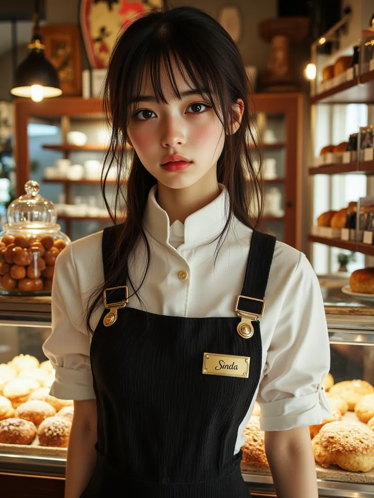 ((Top Quality)), ((傑Top Quality、Excellent Performance、High sensitivity、high resolution、detailed description、Delicate Face Description))Skinny Beautiful Korean Women、 Steppunk style 、 Pastry Chef、Beautiful Breadshop、Abundant Breads Deliver Fragrance,การจัดเ...