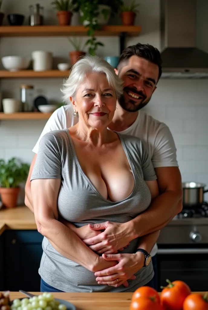 Very big breasts mature 55 years old middle age sexy hot women cook in the kitchen,  t-shirt and a handsome young man hugs her from behind ,  showing off a big cleavage full-length photo ,wears only a  