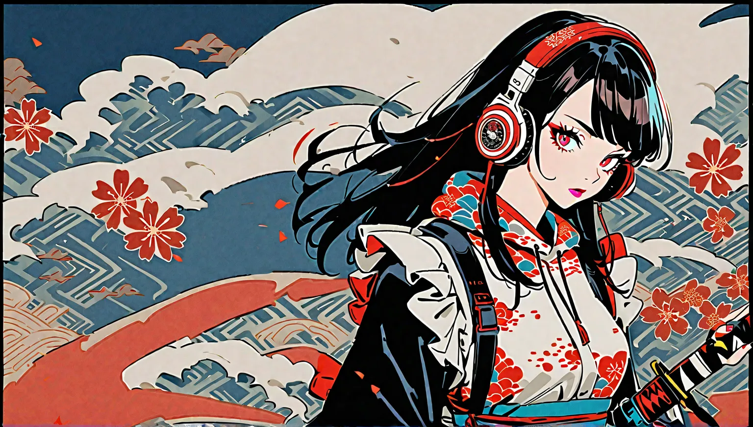 (((1 girl))), ((( flashy makeup))), (((Japanese headphones))), (((Japanese pattern hoodie))), ((( Japanese sword))), (((Maid))), Beautiful Japanese Girls,   black hair, Delicate and precise, Modern Ukiyo-e Style, Japanese flag,  Red and blue neon