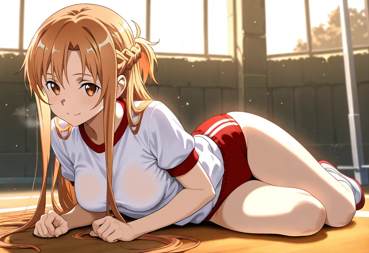 ((1girl)), asuna \(sao\), sword art online,full body,Sexual seductive poses,A fascinating smile,medium breasts,gym uniform, gym shirts, white t-shirts,((red buruma)),schoolyard,masterpiece, best quality, absurdres,