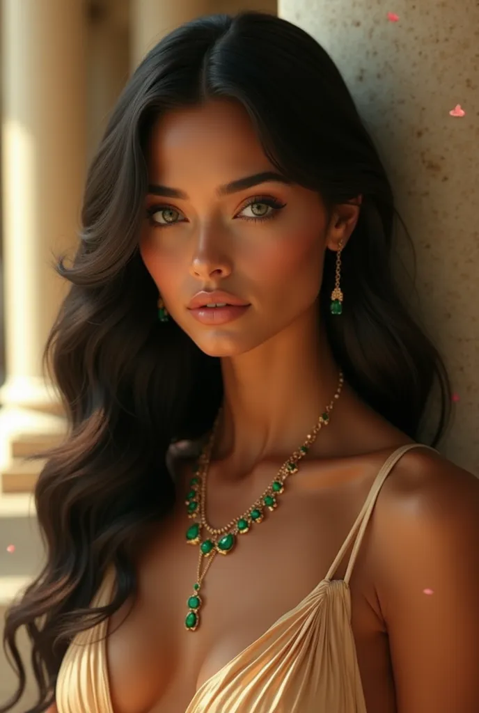 Close-up portrait of a divine goddess (ethereal glow:1.5), flawless caramel skin with soft golden highlights, hypnotic emerald-green eyes (slightly glowing:1.4), perfectly symmetrical face with sculpted cheekbones, full glossy lips. Silky black hair cascad...