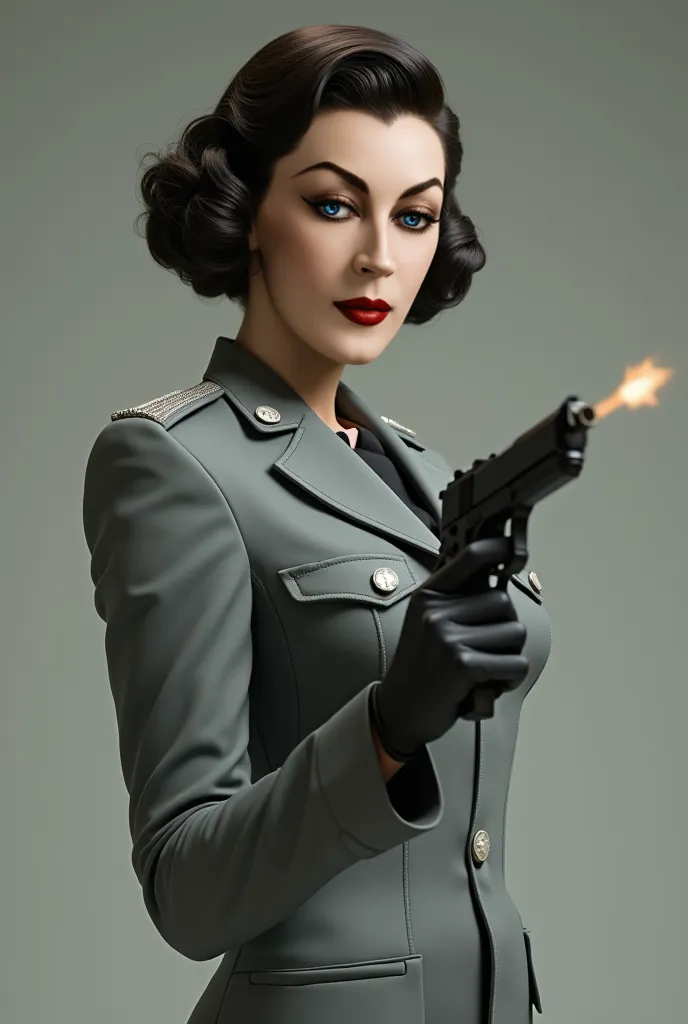 sculptural and elegant woman in gray military suit, Handling a gun, short wavy hair, 1950s style hairstyle, realistic image quality, real life image 
