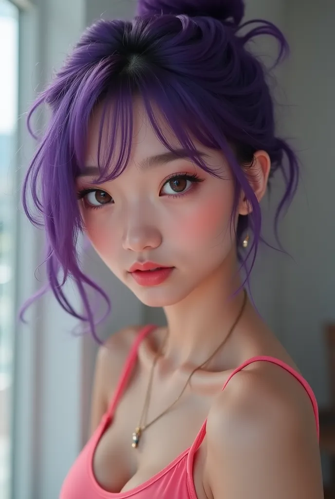 26-year-old Asian girl with the build of a gymnast. Elle a des cheveux court violet flashy. Elle a de grand yeux avec des pupille en trais mais des oreilles humain . A teasing and mischievous little air.  she has a flat chest .