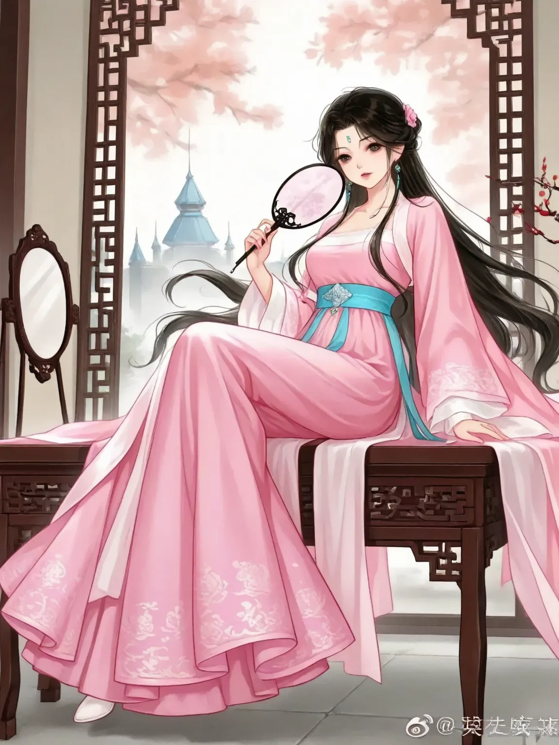 Anime girl sitting on the table，Holding a fan and a mirror, palace ，  girl in Hanfu ,  A beautiful and attractive anime woman  ,  A beautiful fantasy queen , Full body fairy