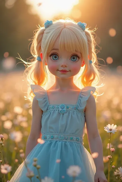 A stunning Bubbles cosplayer walks through a flower-filled park at sunset, her soft blue dress glowing in the golden sunlight. Her vivid blue eyes reflect the natural light, and her sweet expression radiates innocence and joy. The wind gently lifts her pig...