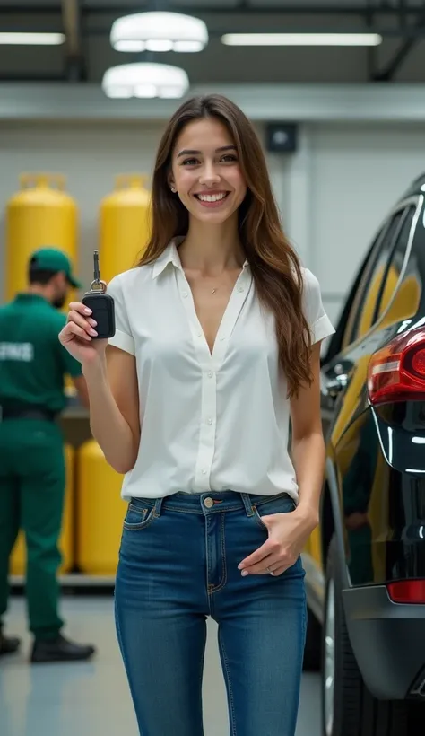 *"A hyperrealistic image of a young woman wearing tight blue jeans and a white short-sleeved blouse, standing next to your CNG converted vehicle in a vehicle gas conversion workshop. Their expression is one of happiness and satisfaction, holding car keys i...