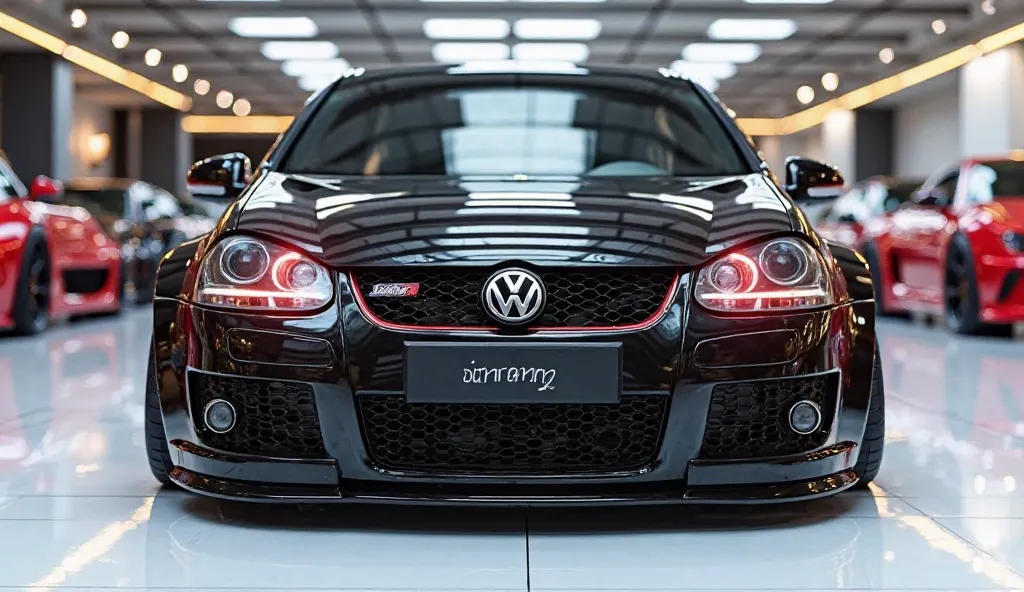 create an ultra-detailed 3D render of a modern, close-up front view of 2006 (Volkswagen GTI unpirmp)with a bold design. The car should feature a 'Gleamy glossy black ' color with a( 'volkswgen') logo on its back, and sleek taillights . The body should be w...