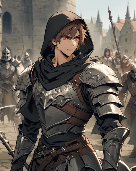 Guerrier medieval European fantasy, (Alone), Athletic features, 28 ans,  brown hair,   short hair, yeux gris, armure noir, black hood, muscle, regard sinistre, plan mi-large, Mower weapon, regarder au loin, light armor,  full armor , reaper style