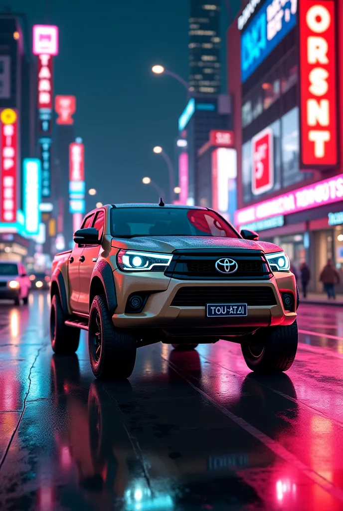 Toyota Hilux in a street Los Angeles at night with neon lights