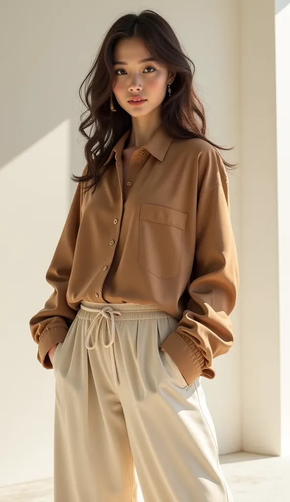 A beautiful medium long hair female in oversized coffee shirt and cream loose pant according to 2025 fashion trend