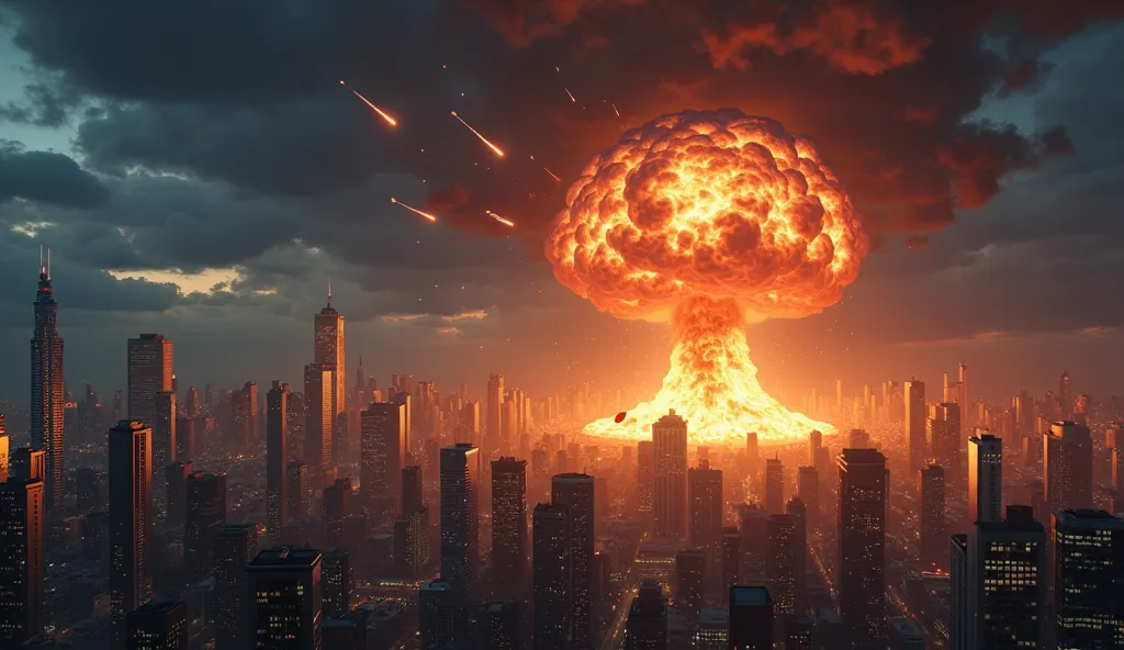 A modern city skyline at night with tall skyscrapers. Air raid sirens are blaring in the distance. Multiple missiles are flying through the dark sky. A massive nuclear explosion engulfs part of the city, creating a bright mushroom cloud. The blast wave is ...