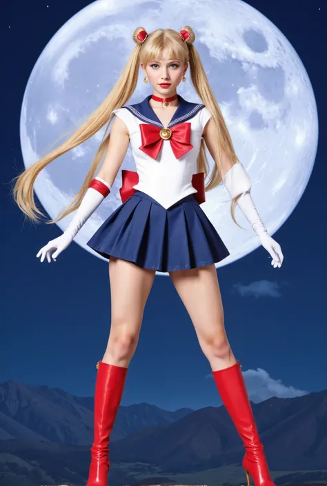 Create an image of a 20-year-old Japanese girl with fair skin and long straight blonde hair styled in twin tails. She is wearing a Sailor Moon costume and striking a pose while standing. The background features a large, full moon that fills the entire scre...