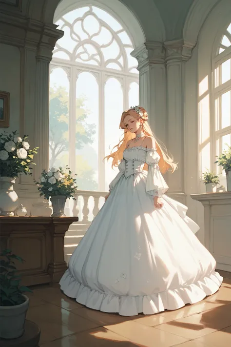 The waterline cuts perfectly across the image. She wears a white long large dress.