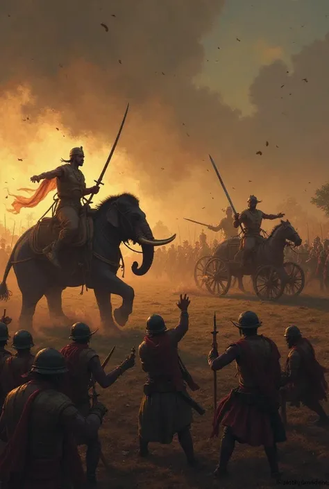 1. The Clash of Dutugemunu and Elara – A battlefield near Anuradhapura at dusk, filled with smoke and chaos. King Dutugemunu, riding a war elephant, charges towards King Elara, who stands on a chariot, wielding a sword. Soldiers in ancient Sri Lankan armor...