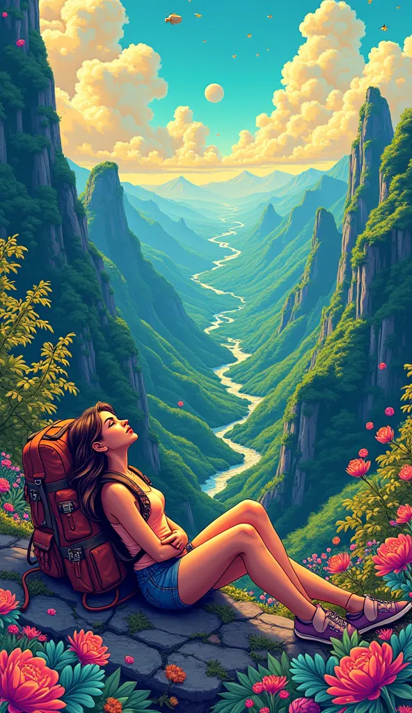 vector image of woman on her back with a trekking backpack in front of a beautiful valley with psychedelic graphics